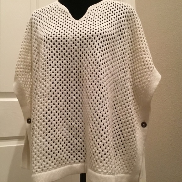 Talbots cream open knit notched neckline sweater poncho - Picture 3 of 7